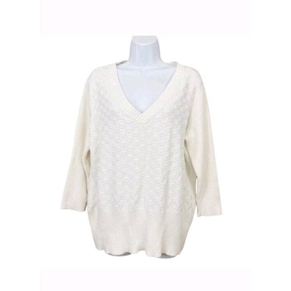 Rafalla Woman Woven Knit V-eck Sweater Size 2X Color: off-white - Picture 3 of 8